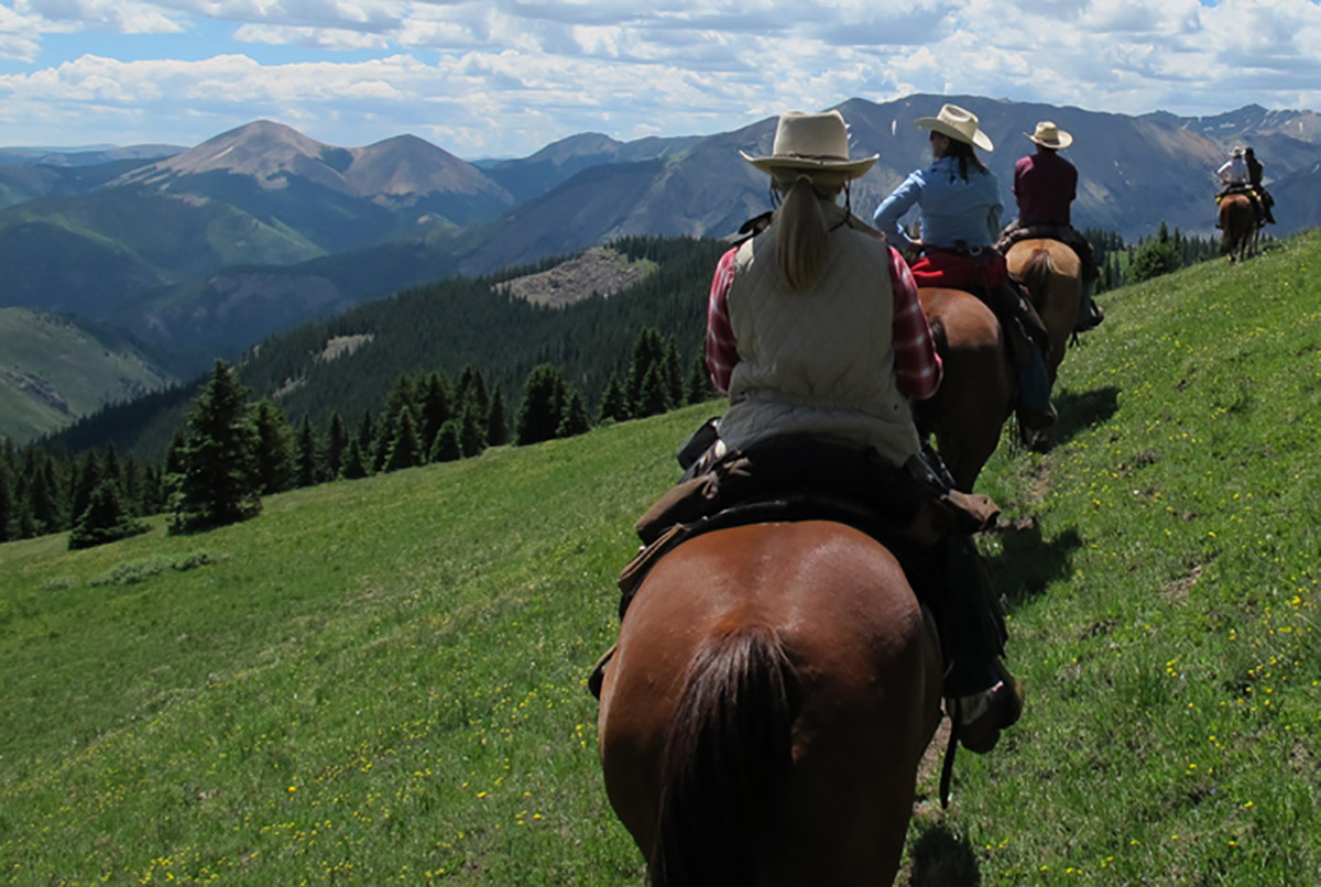 Several horseback riders follow a trail while looking out over majestic mountains.