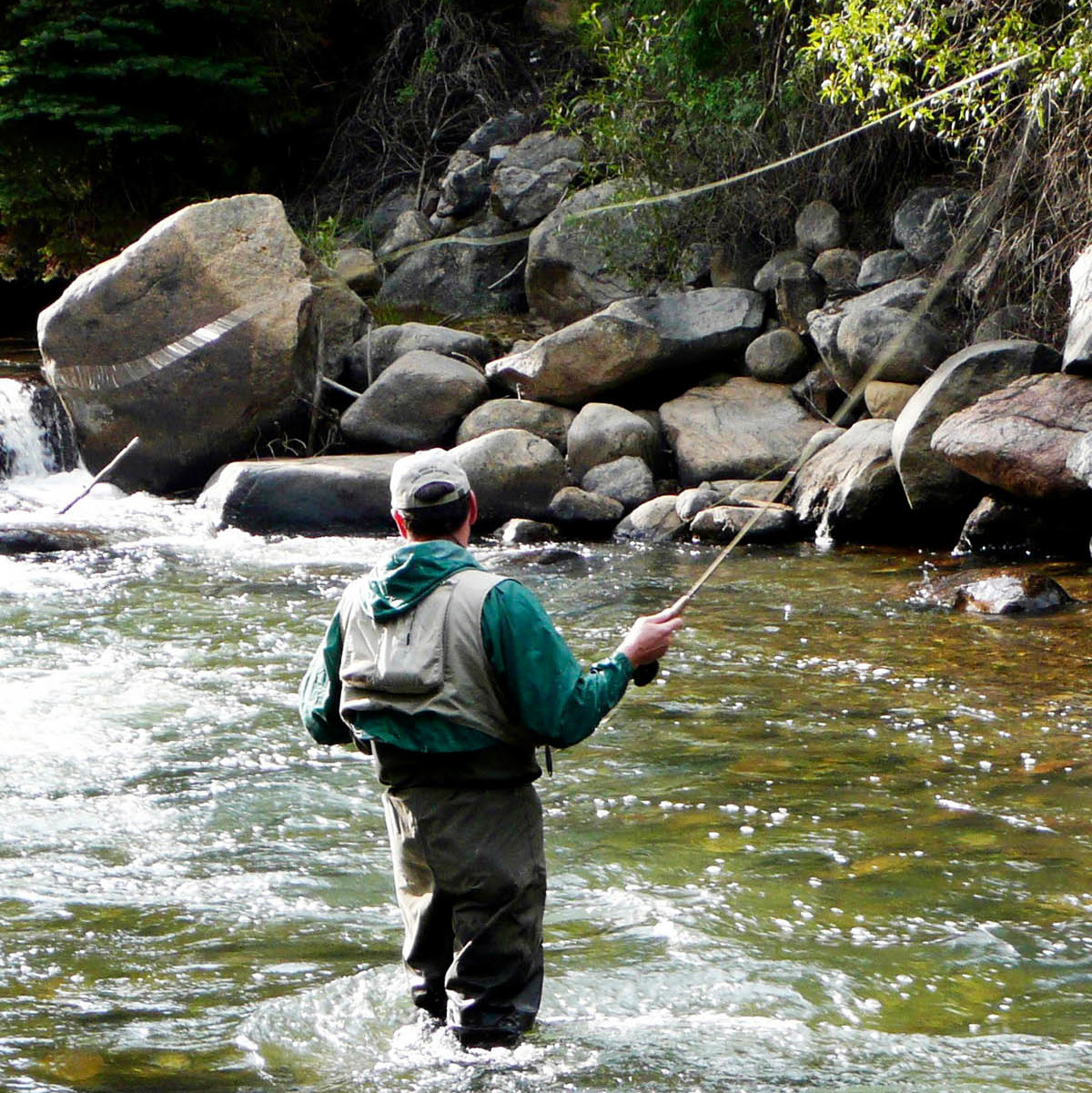 Fly-fisherman standing in a river and casting his reel.