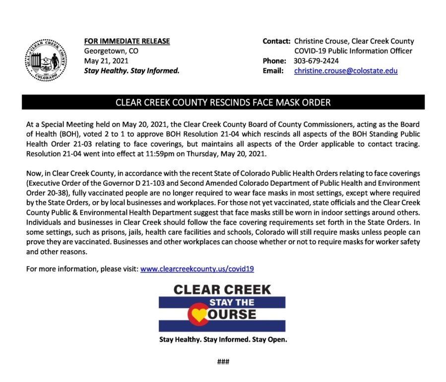 Clear Creek County Rescinds Mask Order